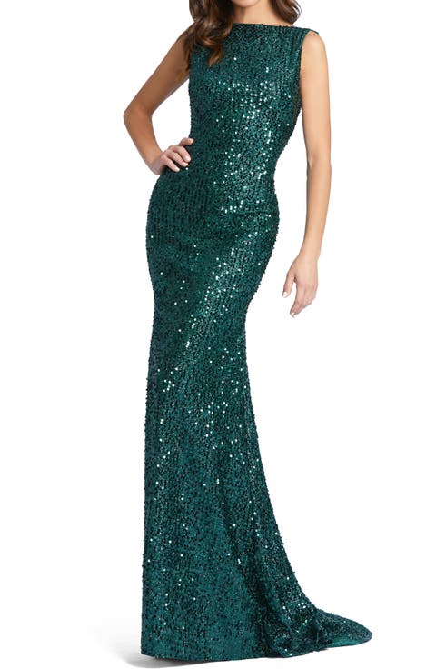 Open Cowl Back Boat Neck Sequined Evening Gown