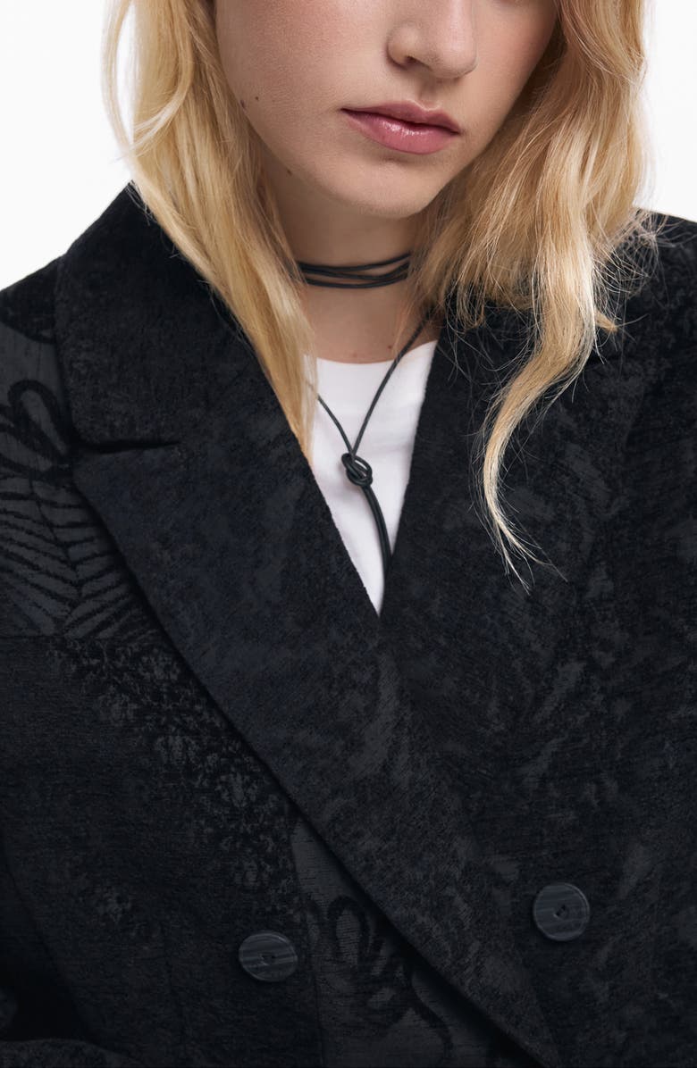 Desigual Embroidered Double Breasted Coat, Alternate, color, Black