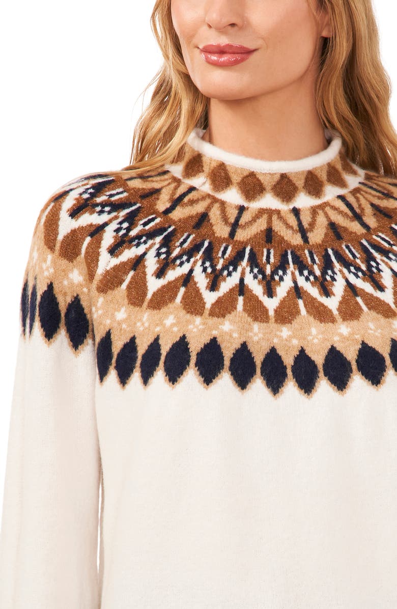 CeCe Fair Isle Funnel Neck Sweater, Alternate, color, Antiq White
