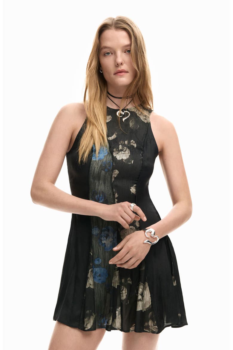 Floral Print Sleeveless Minidress, Alternate, color, BLACK