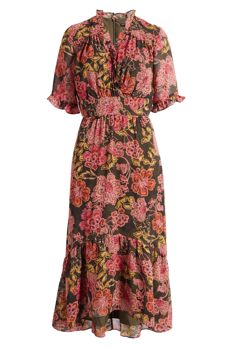 Floral Ruffle Faux Wrap Midi Dress, Alternate, color, OLIVE/ PINK CORAL