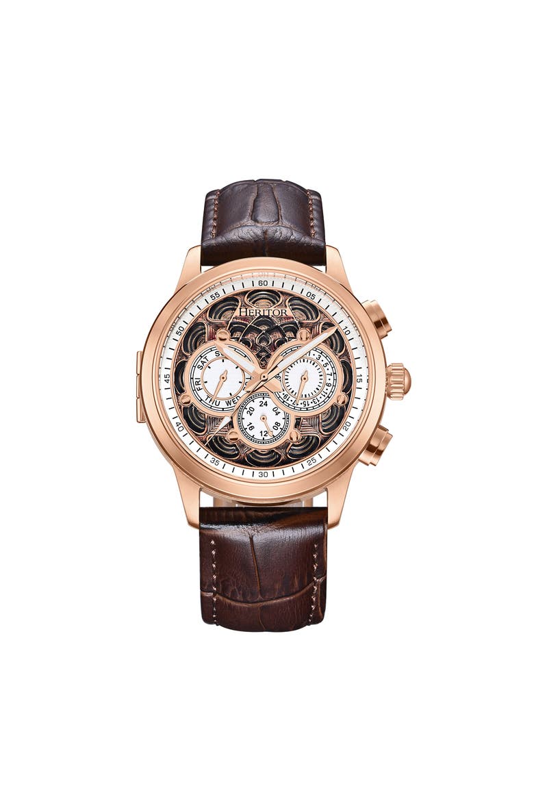 Apostle Leather-Band Watch w/ Day/Date, Main, color, Rose Gold/White