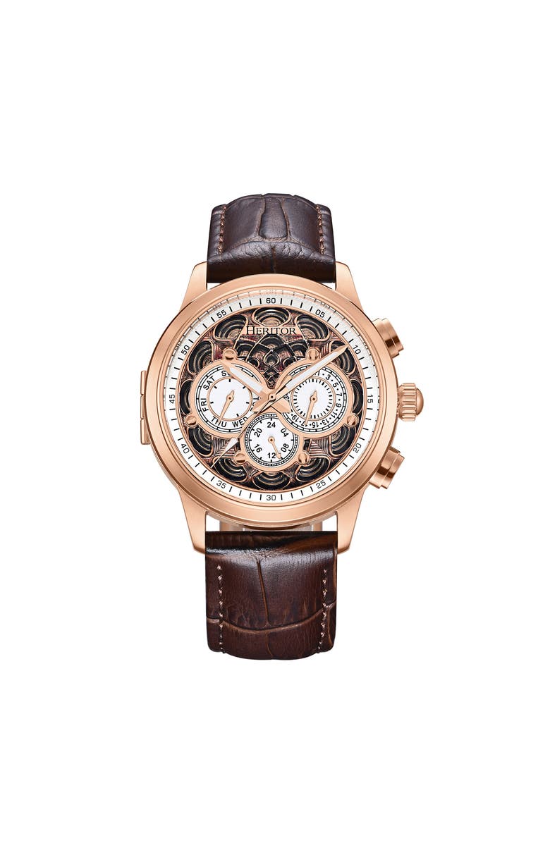 Heritor Automatic Apostle Leather-Band Watch w/ Day/Date, Main, color, Rose Gold/White