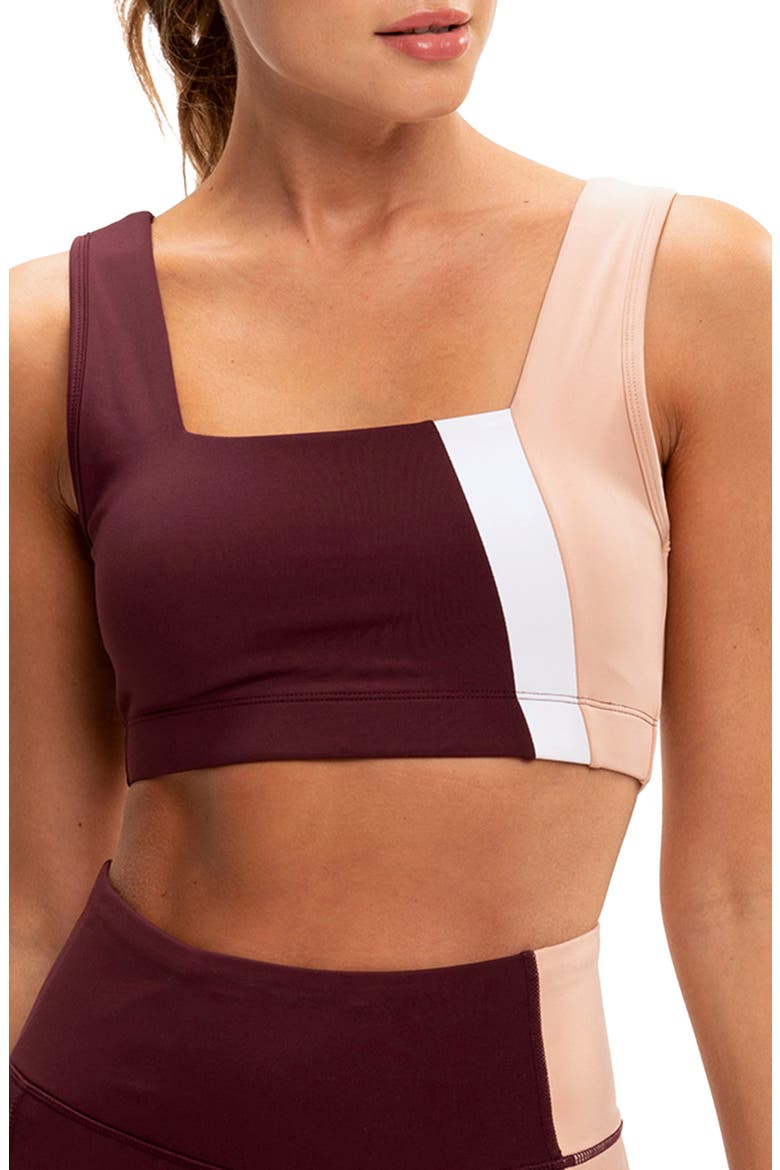 Joanne Colorblock Sports Bra, Main, color, ROYAL BURGUNDY / LATTE