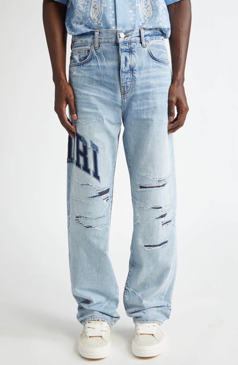 AMIRI Varsity Logo Rip & Repair Straight Leg Jeans, Main, color, 