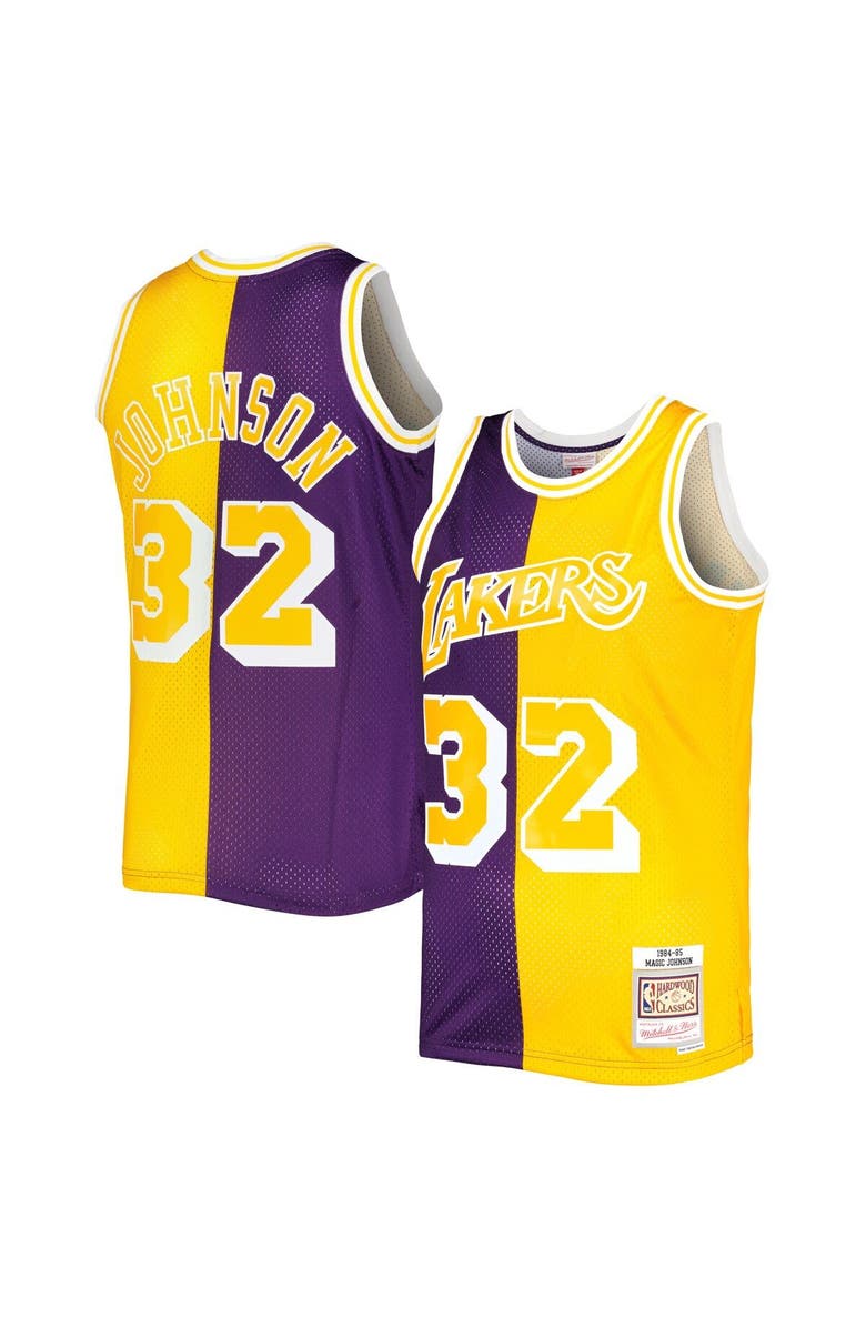Mitchell & Ness Men's Mitchell & Ness Magic Johnson Purple/Gold Los Angeles Lakers Hardwood Classics 1984/85 Split Swingman Jersey, Main, color,