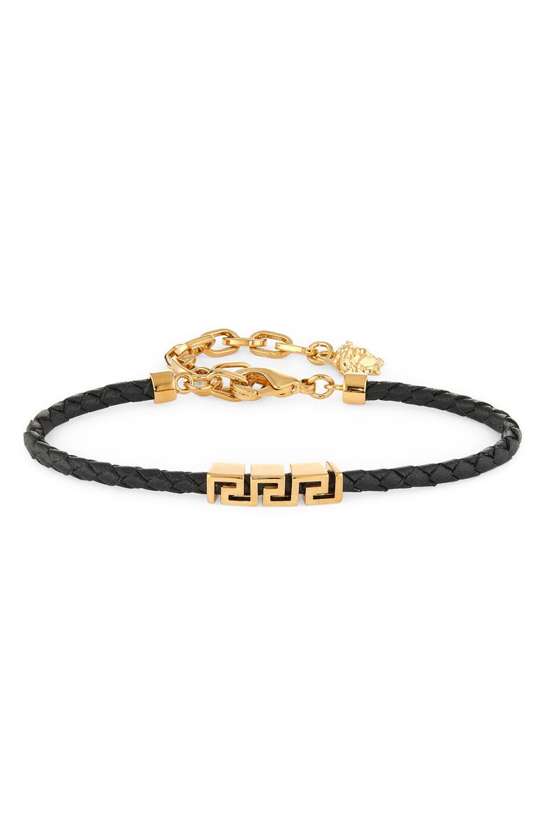 Versace Men's Greca Braided Leather Bracelet, Main, color, Black-Versace Gold
