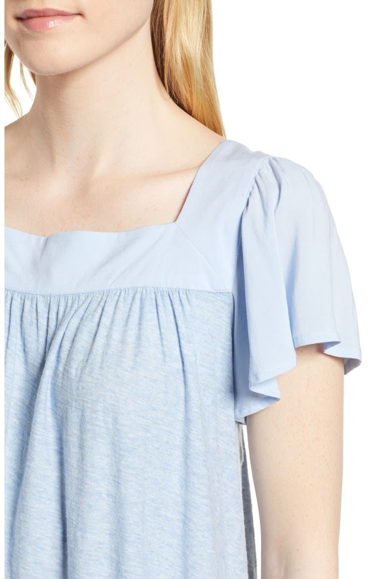 Ruffle Sleeve Mix Media Cotton Blend Blouse, Alternate, color, LIGHT CHAMBRAY HEATHER