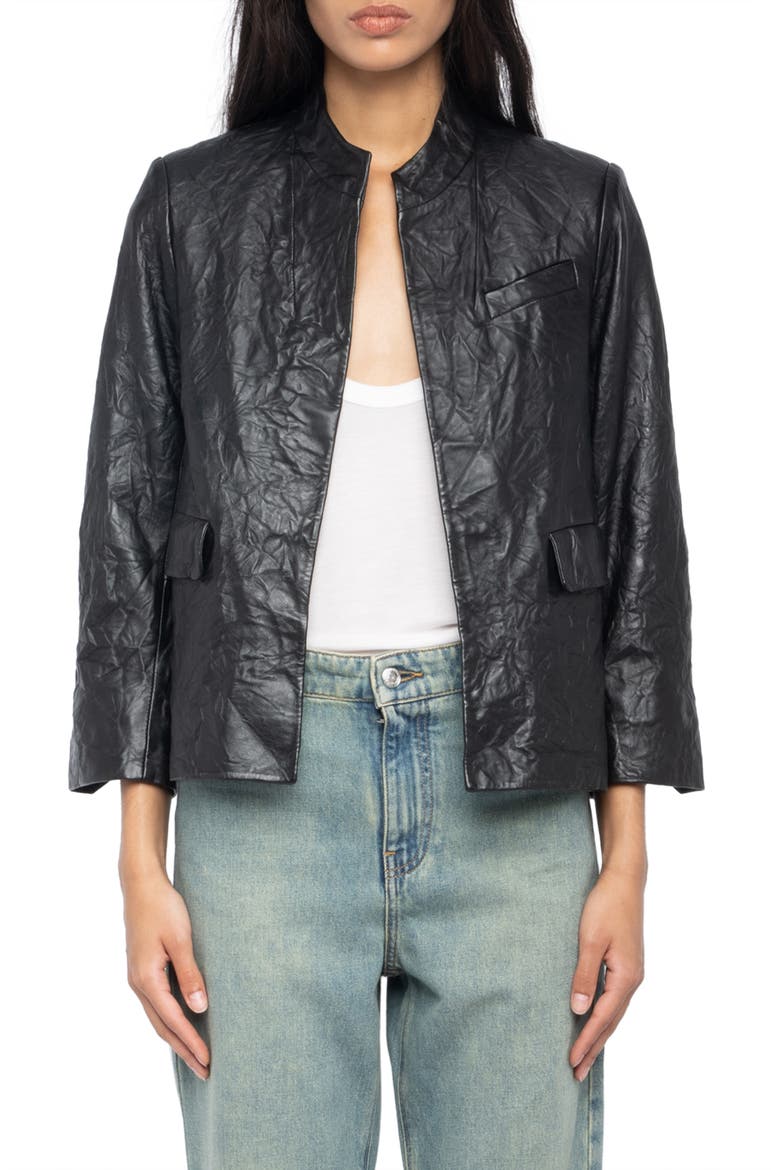 Veryn Cuir Crinkled Leather Jacket, Main, color, BLACK