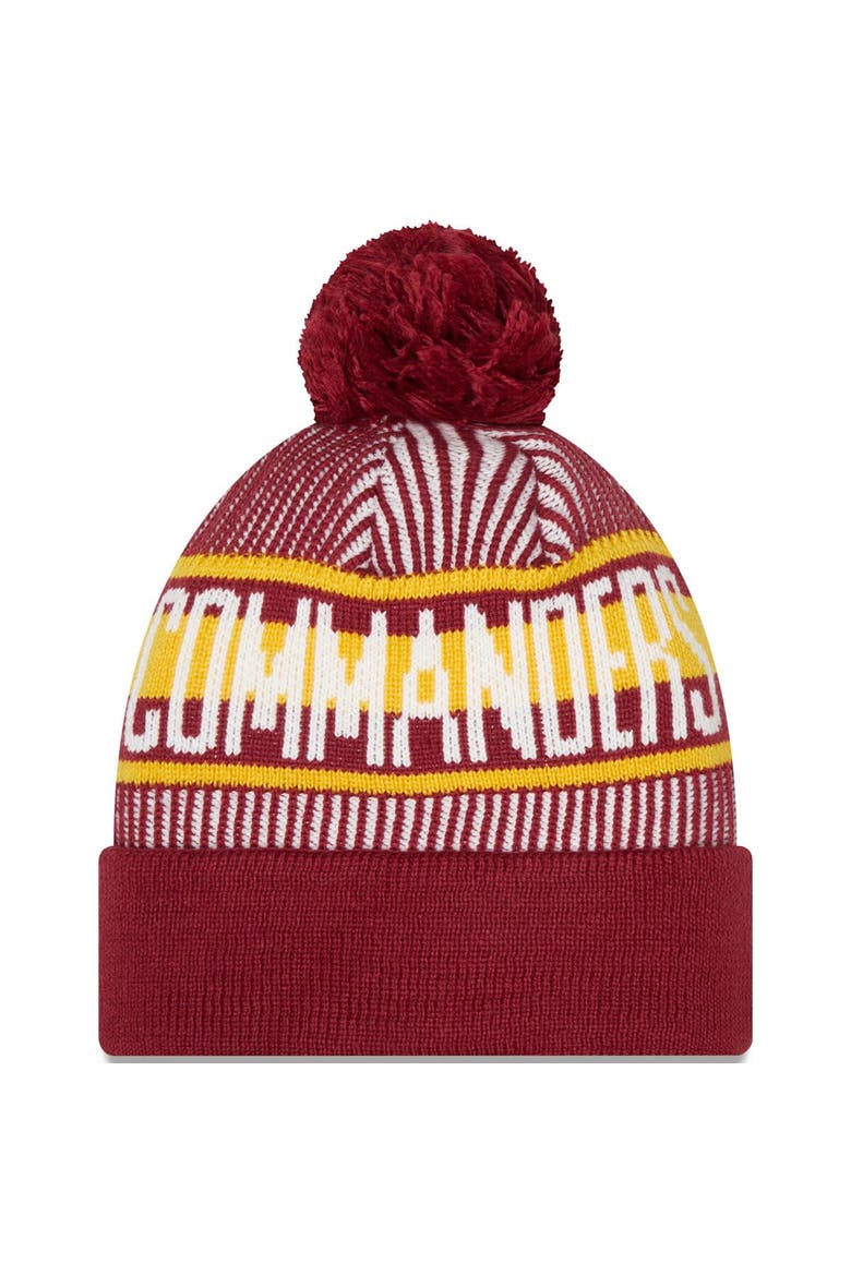 Men's New Era Burgundy Washington Commanders Striped Cuffed Knit Hat with Pom, Alternate, color, Burgundy