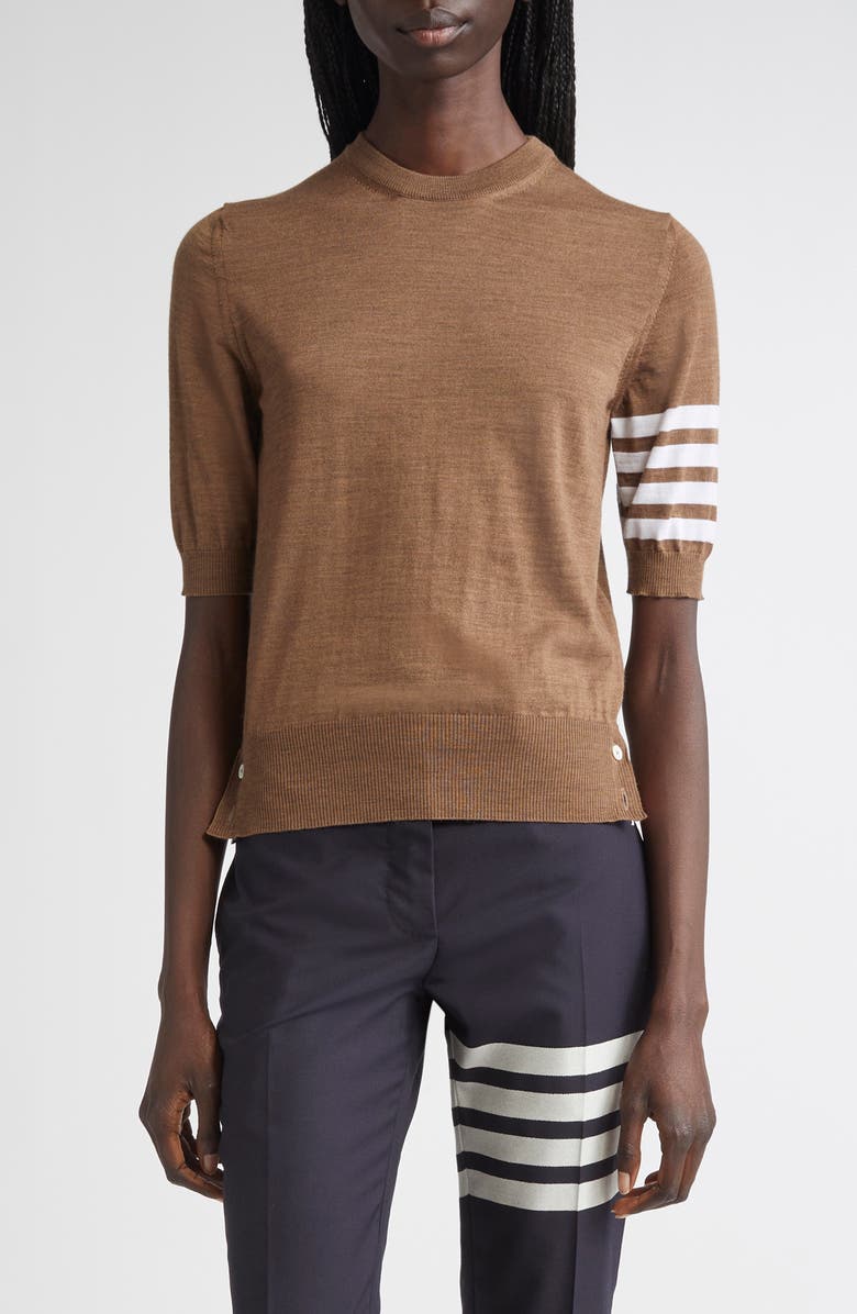 Thom Browne 4-Bar Short Sleeve Wool Blend Sweater, Main, color, Walnut
