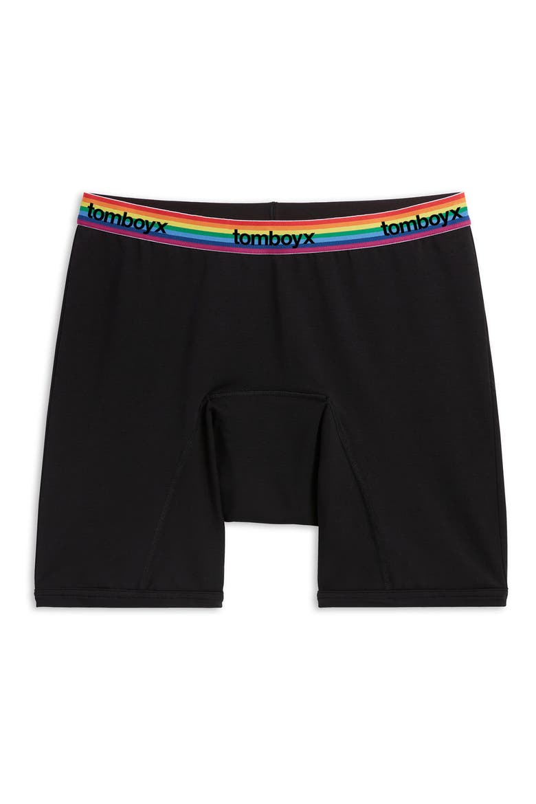 First Line Stretch Cotton Period 9-Inch Boxer Briefs, Main, color, BLACK RAINBOW LOGO