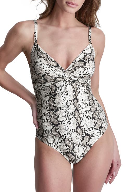 Faux Snakeskin Twist One-Piece Swimsuit