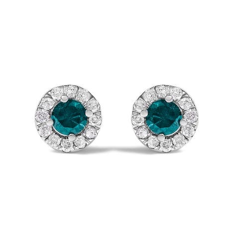 Silver 1/2 Cttw Blue Diamond Halo Stud Earring
