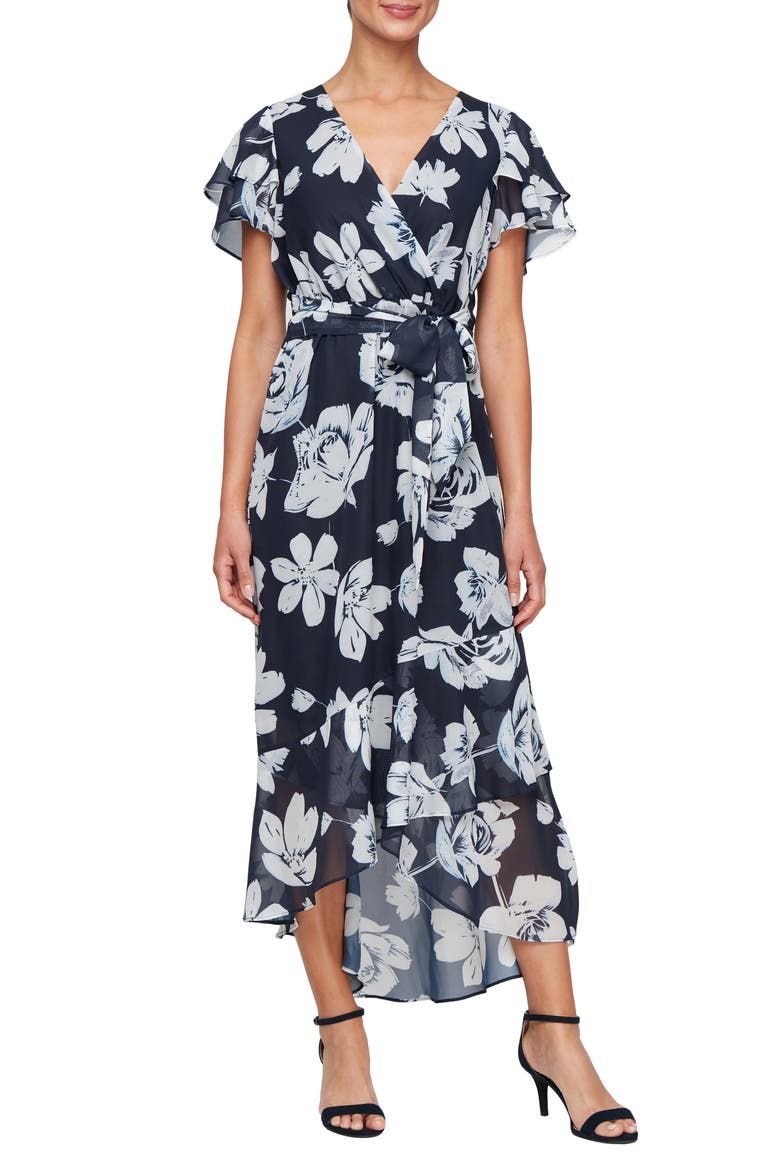 Floral Flutter Sleeve Faux Wrap Dress, Main, color, NAVY MULTI