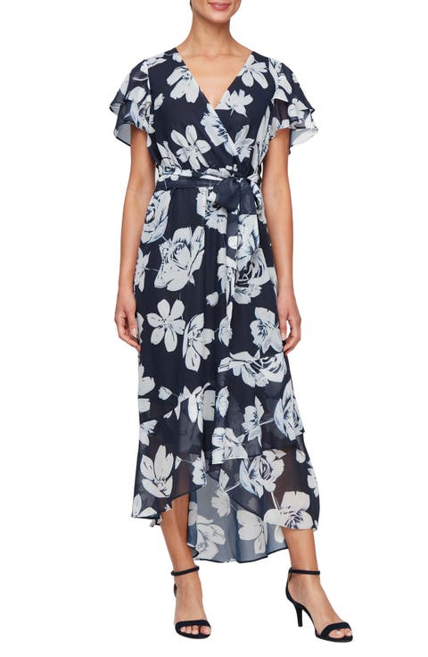 Floral Flutter Sleeve Faux Wrap Dress