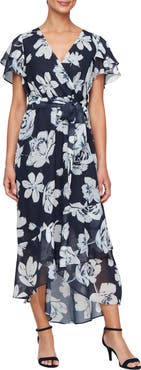 SL FASHIONS Floral Flutter Sleeve Faux Wrap Dress