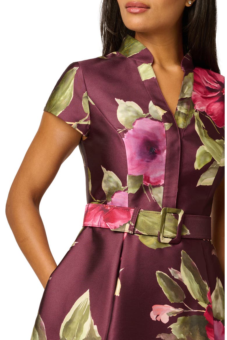 Floral Belted Mikado Gown, Main, color, WINE MULTI