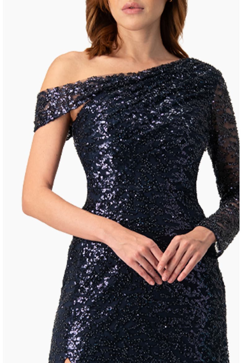 Embroided Gown with Front Slit and One Sleeve, Alternate, color, Navy Blue
