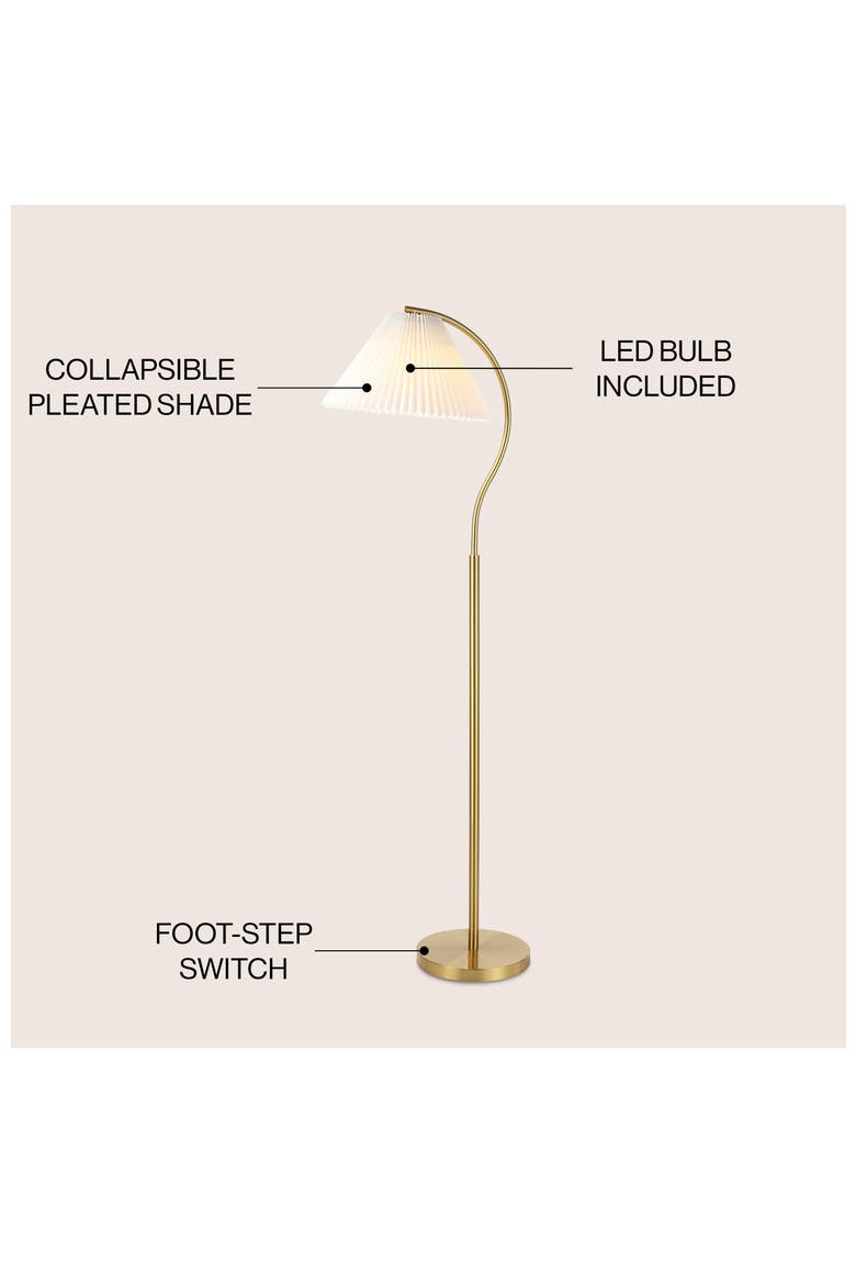 Devon Modern Glam Metal Arc LED Floor Lamp with Pleated Shade, Alternate, color, Brass Gold