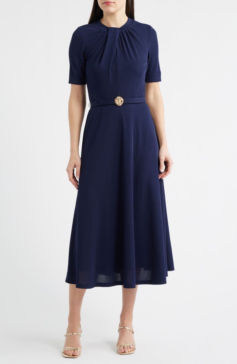 Anne Klein Twist Neck Belted Midi Dress, Main, color, Deep Navy
