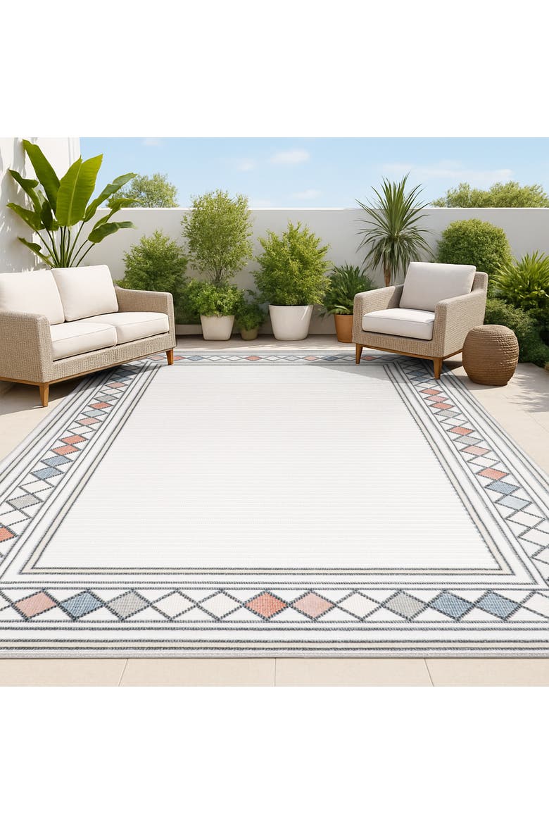 Sebastian High-Low Modern Diamond Border Indoor/Outdoor Area Rug, Alternate, color, Ivory/Beige