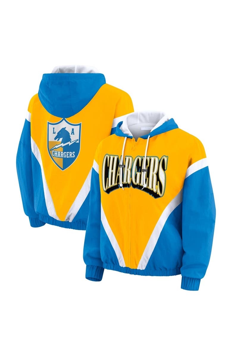 WEAR by Erin Andrews Women's WEAR by Erin Andrews Gold/Powder Blue Los Angeles Chargers Retro Crinkle Full-Zip Hoodie Windbreaker, Main, color, Gold