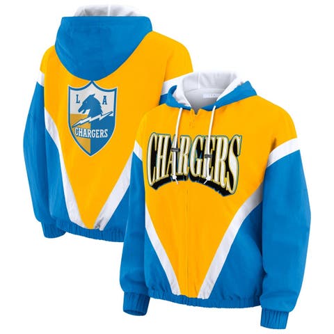 Women's WEAR by Erin Andrews Gold/Powder Blue Los Angeles Chargers Retro Crinkle Full-Zip Hoodie Windbreaker