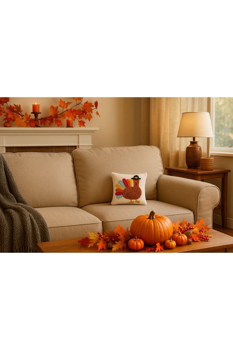 Colorful Turkey Tail Pilgrim Hat Hooked Mini Thanksgiving Accent Pillow 10" x 10", Alternate, color, Brown