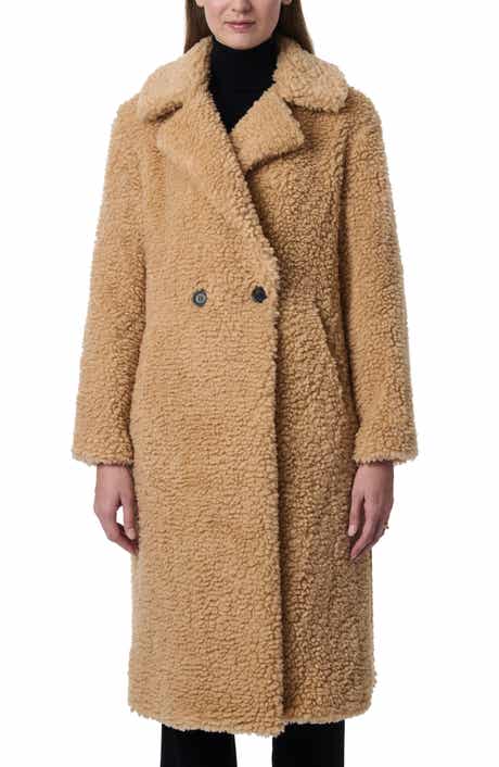 Bernardo Faux Shearling Double Breasted Longline Coat