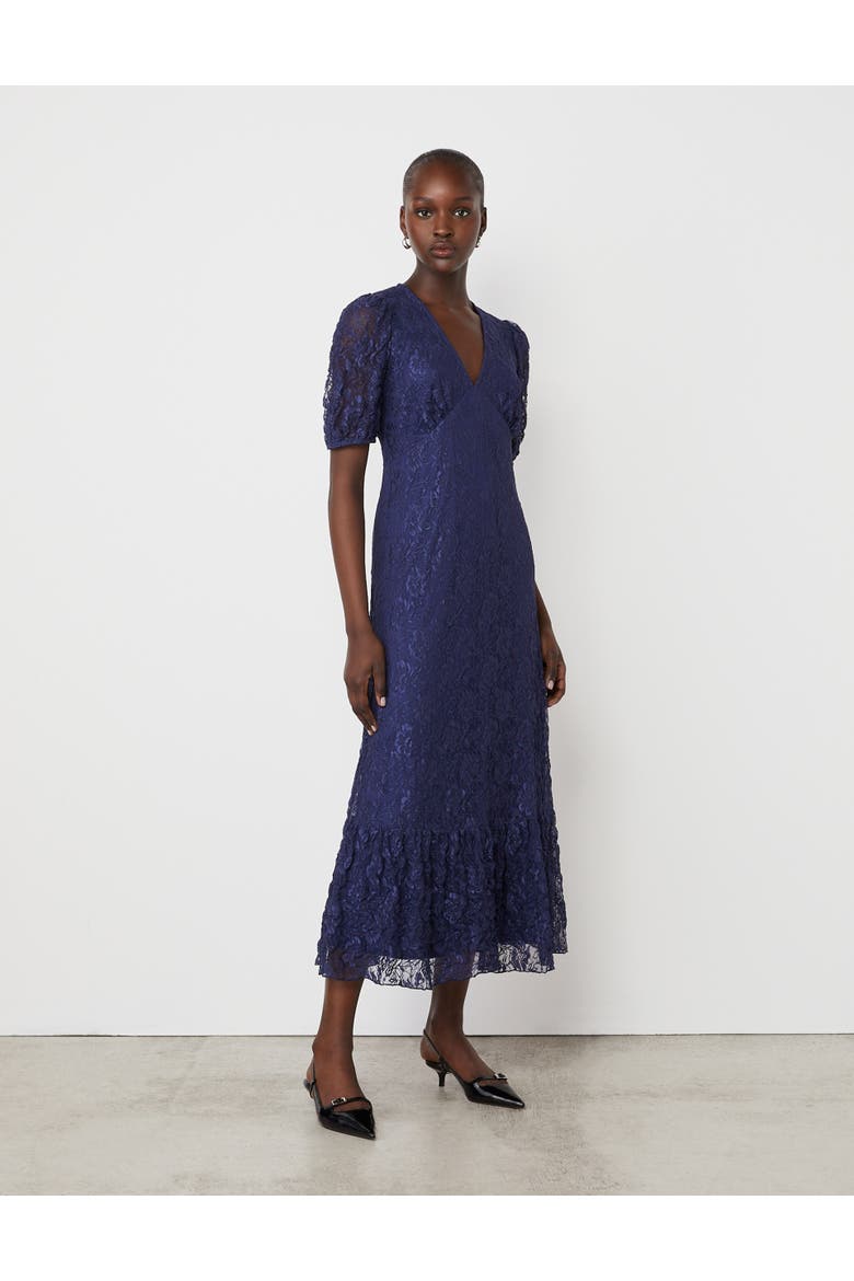 Loretta Short Sleeve Lace Midi Dress, Main, color, Navy