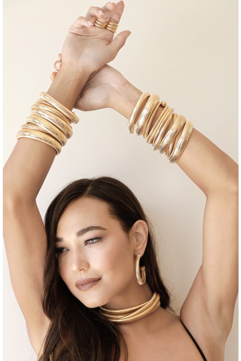 Set of 3 Two Tone Stretch Cuff Bracelets, Alternate, color, GOLD