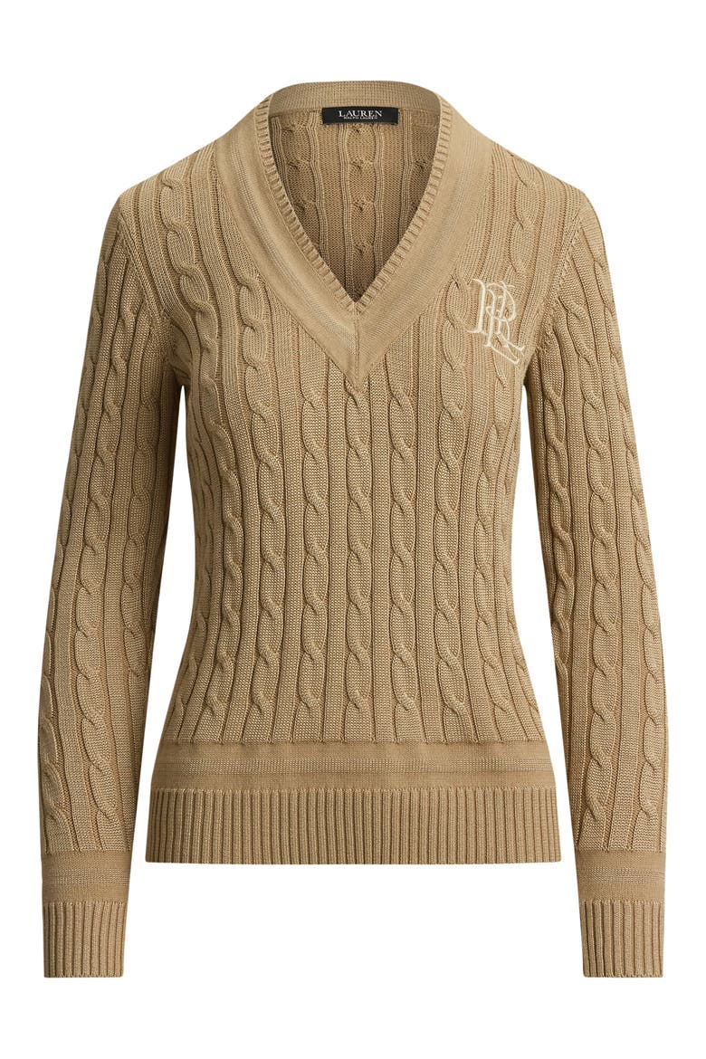 Cable Stitch V-Neck Sweater, Alternate, color, BEIGE