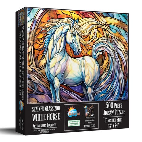 Stained Glass Zoo White Horse 500 piece Jigsaw Puzzle for Adults