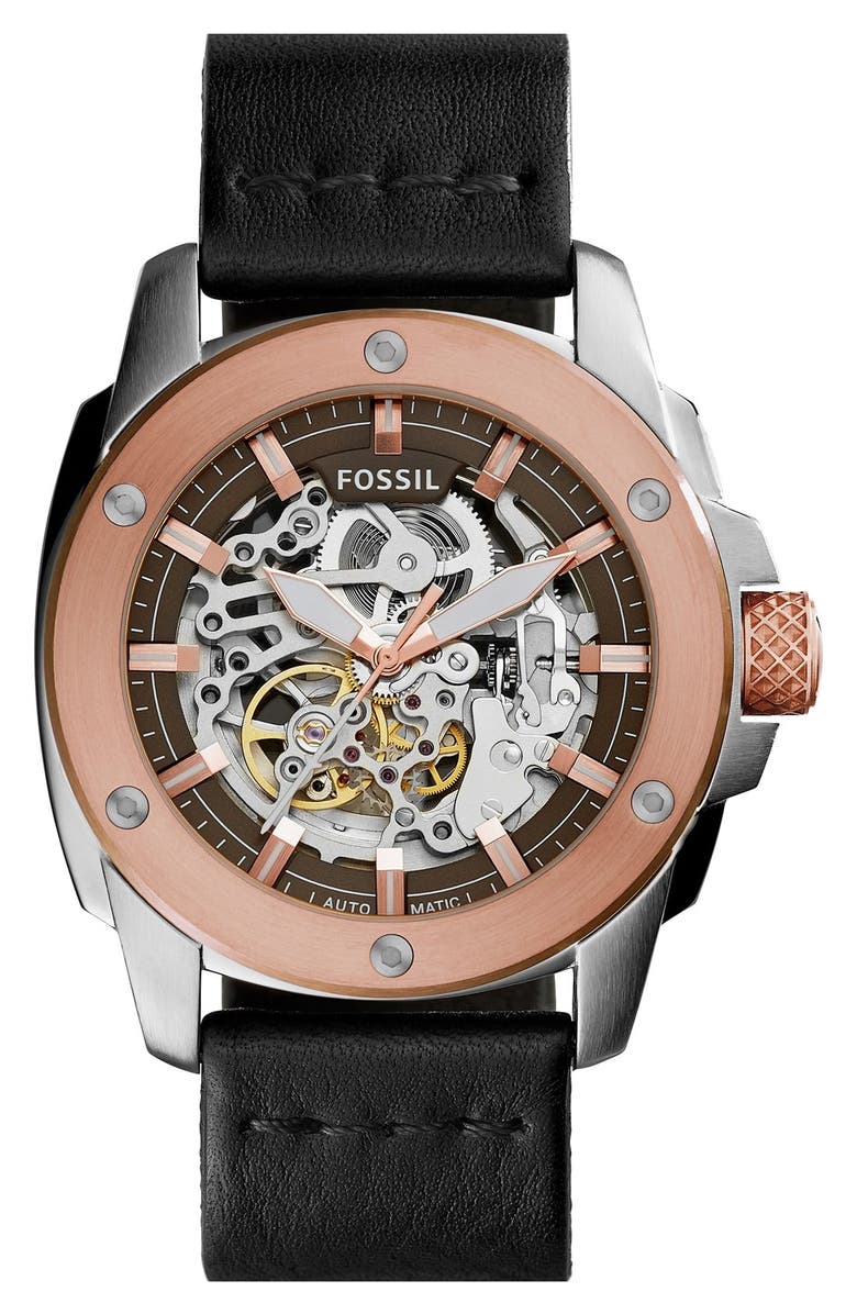 Fossil 'Modern Machine' Skeleton Dial Leather Strap Watch, 50mm, Main, color, 