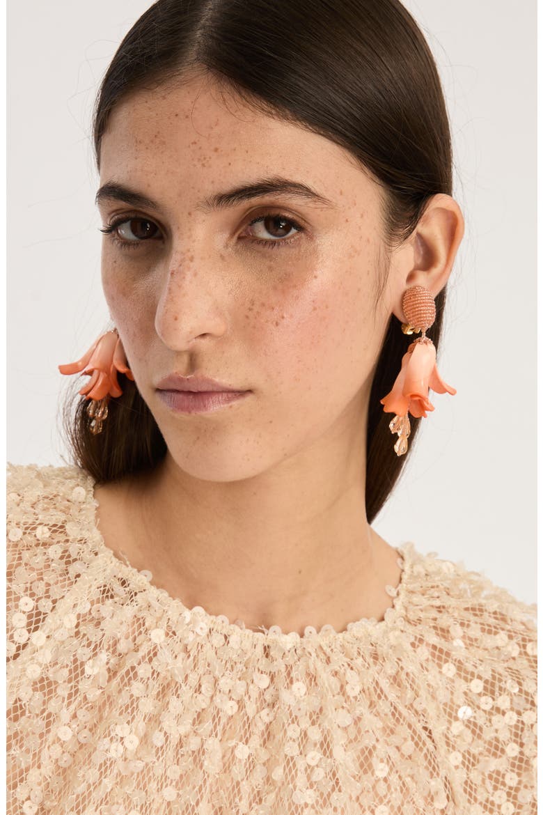 Impatiens Petal Dangle Clip-On Earrings, Alternate, color, APRICOT