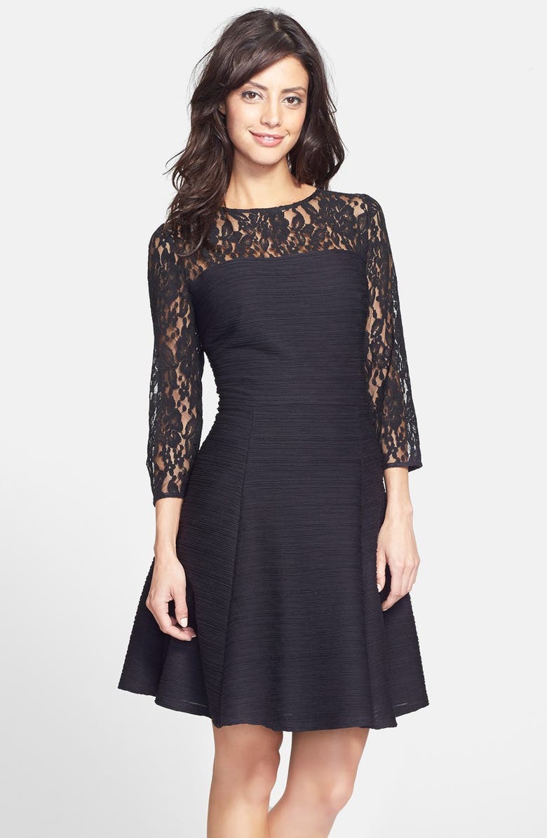 Taylor Dresses Lace & Textured Knit Fit & Flare Dress, Main, color,