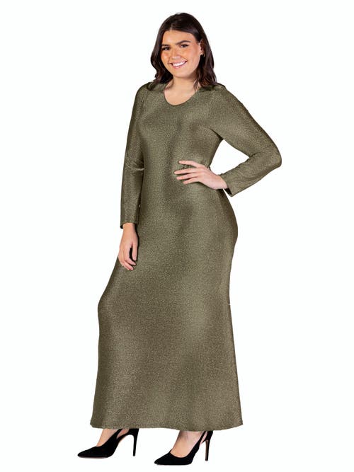 24seven Comfort Apparel Long Sleeve Scoop Neck Shimmery Fabric Maxi Dress In Gold