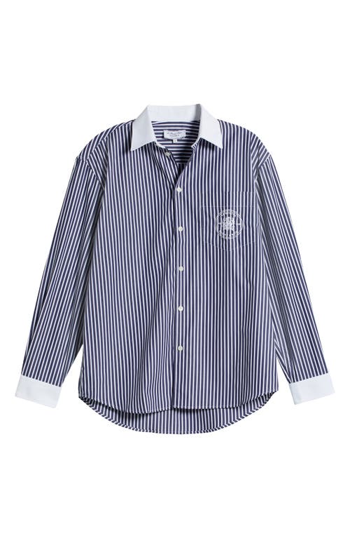 Sporty And Rich Sporty & Rich Bristol 100th Crest Stripe Button-up Shirt In Navy/white