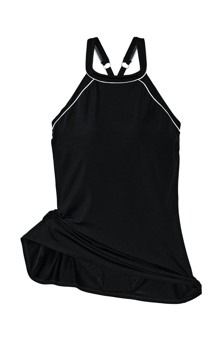 Lands' End Mastectomy Chlorine Resistant High Neck Swim Dress One Piece Swimsuit Adjustable Straps, Alternate, color, Black/White