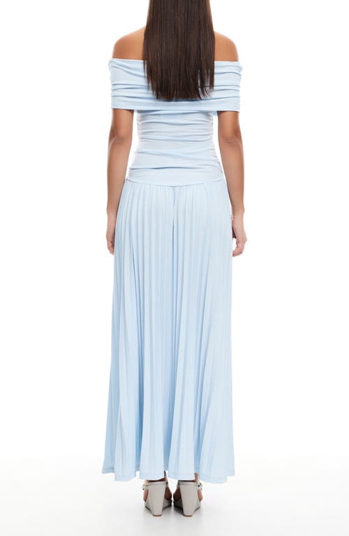 Lioness Field Of Dreams Fine Knit Foldover Bardot Ruched Drop Waist Pleated Maxi Dress In Soft Blue