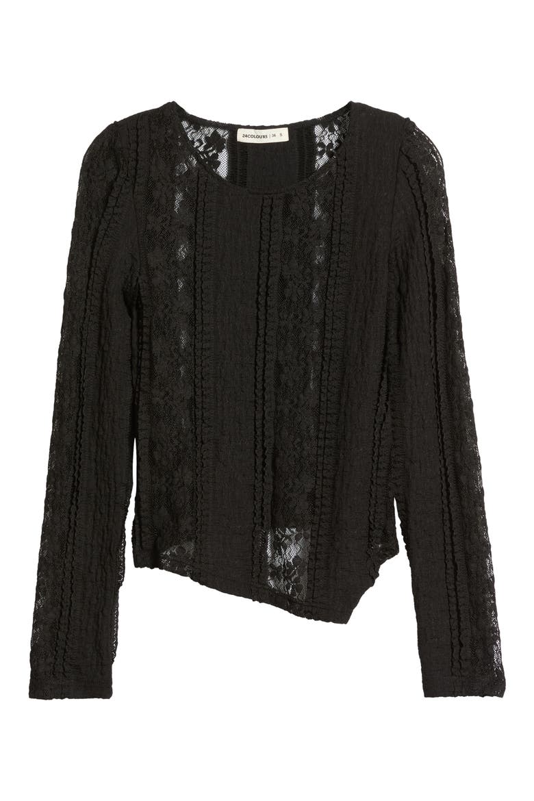 Lace Asymmetric Hem Top, Alternate, color, BLACK