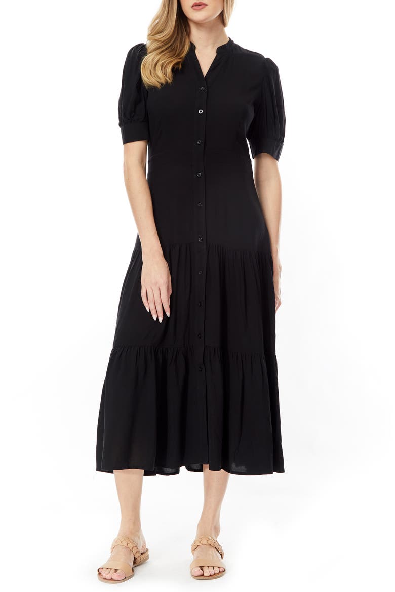 Grace Button Front Midi Dress, Main, color, BLACK