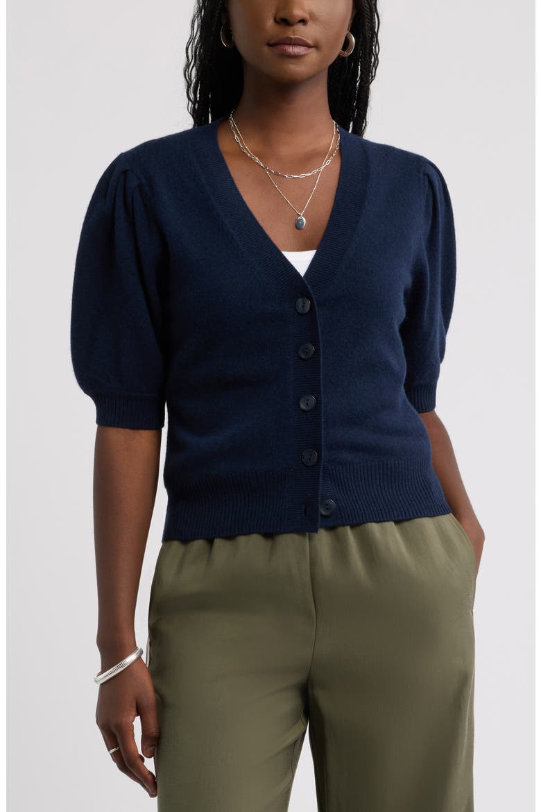 Wool & Cashmere Puff Sleeve Cardigan, Main, color, NAVY NIGHT