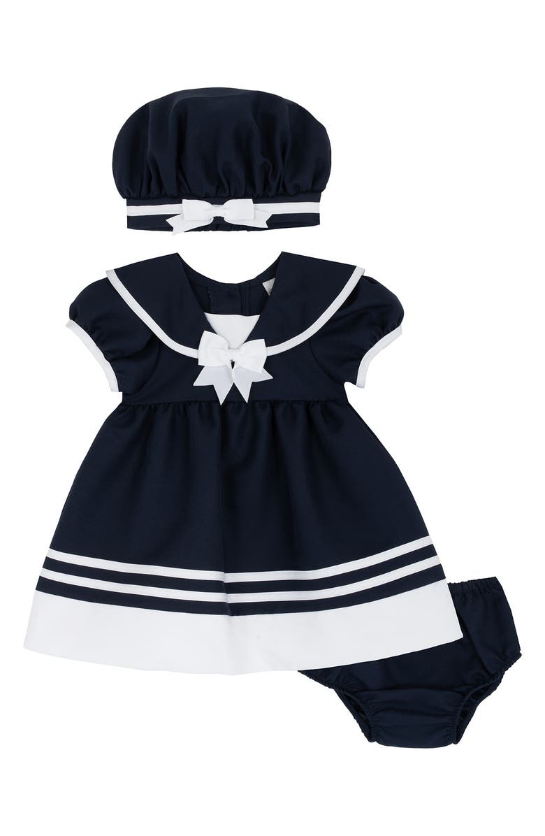 Rare Editions Collared Nautical Dress, Cap & Bloomers Set, Main, color, Navy