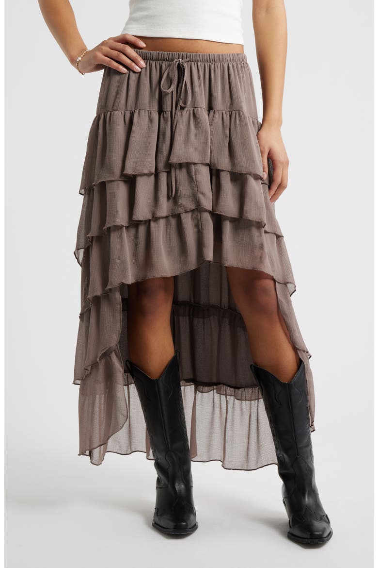 Tiered High-Low Maxi Skirt, Main, color, BROWN QUARTZ