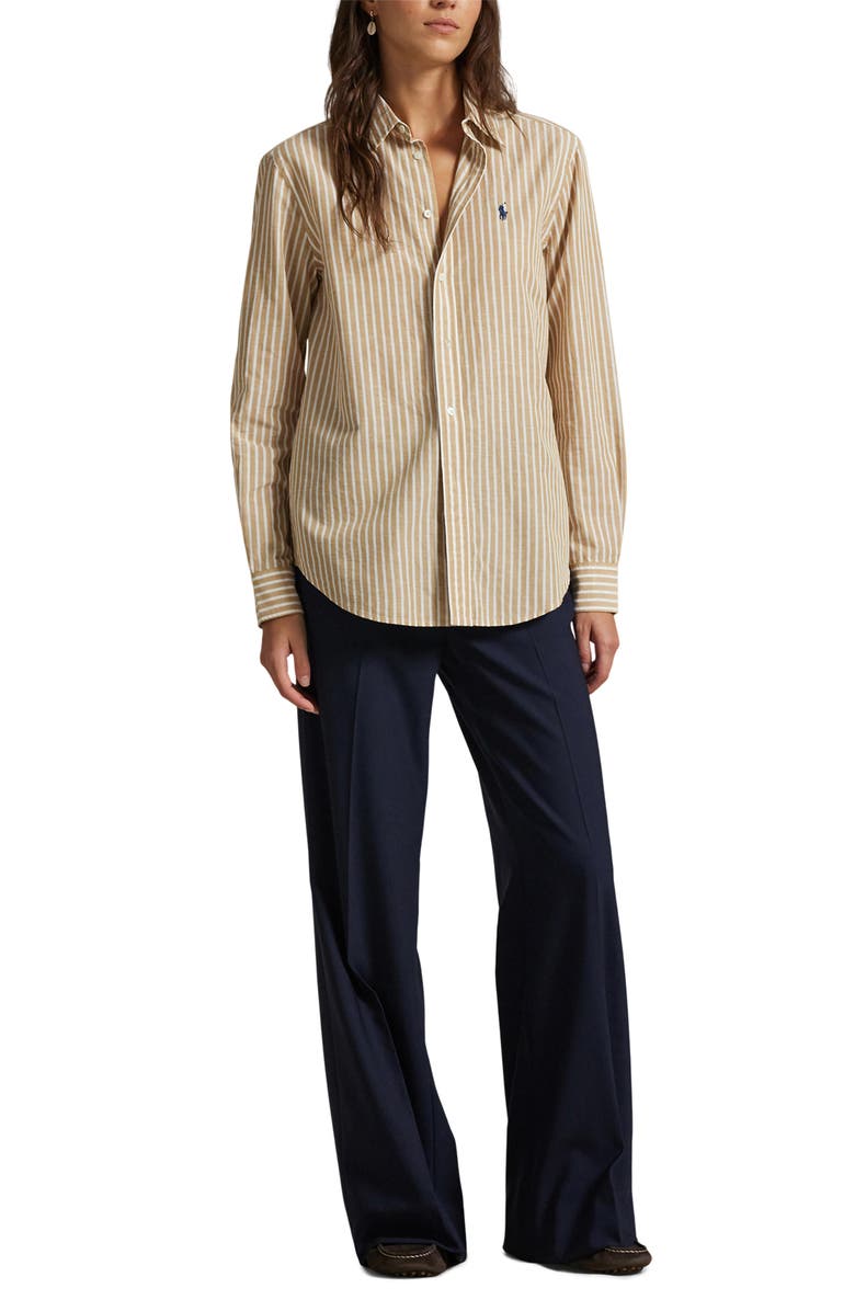 Polo Ralph Lauren Classic Fit Stripe Cotton & Linen Button-Up Shirt, Alternate, color, Classic Camel/White