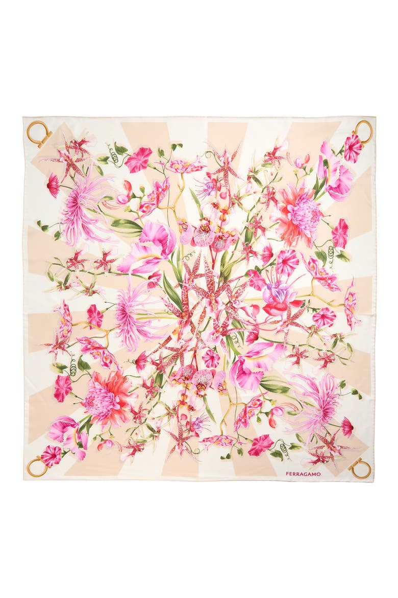 Gaia Floral Silk Square Scarf, Main, color, LIGHT BALLET/IVORY
