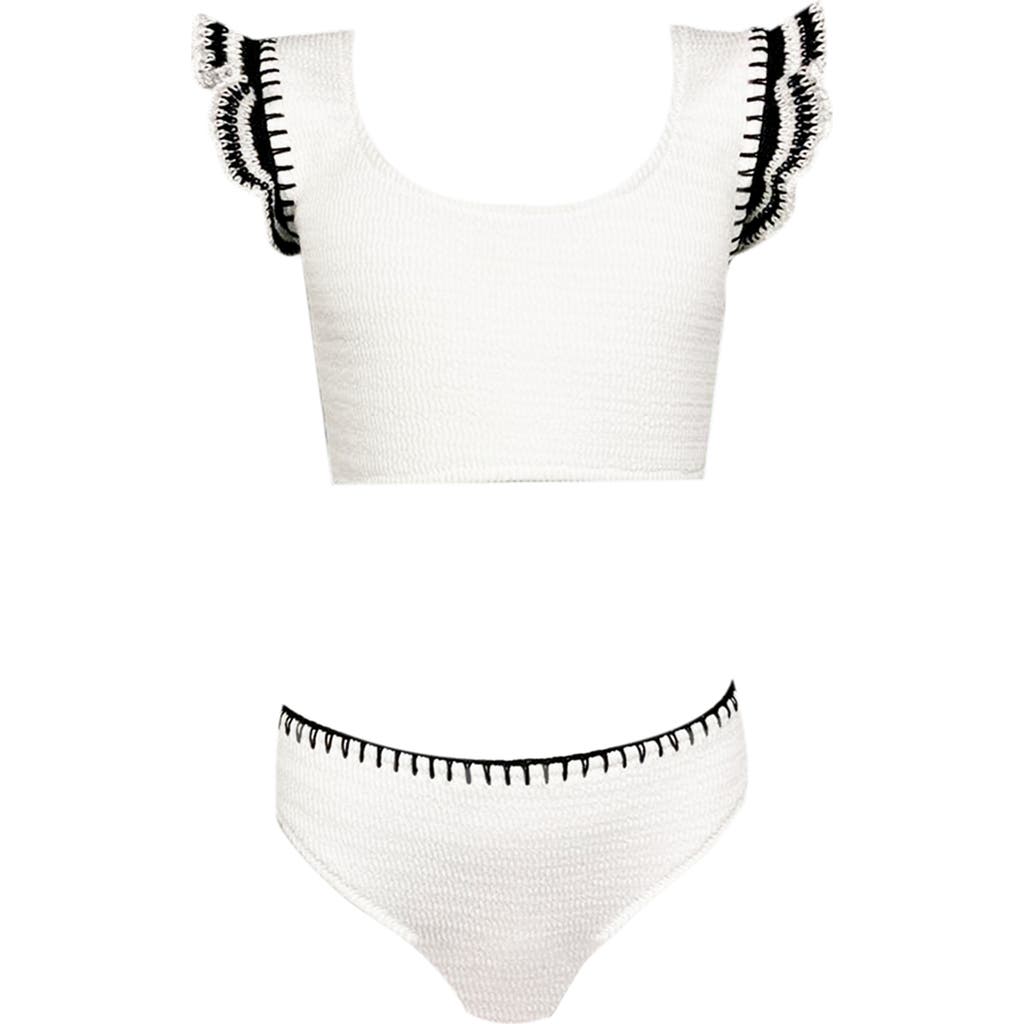Nessi Byrd Hand-knitted Ruffle Lacework Detail Two Piece Bikini, Litte Kid-big Kid In White