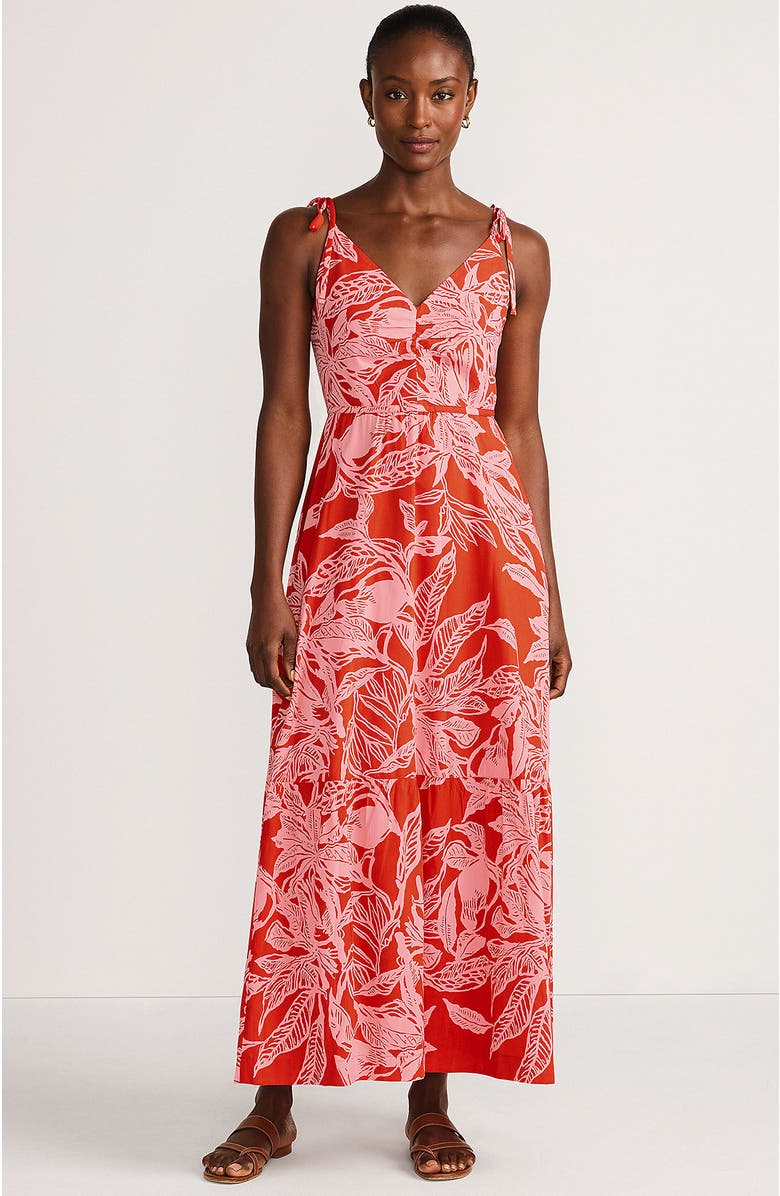 Lands' End Cotton Voile Vneck Tie Strap Maxi Dress, Main, color, Mandarin Orange Etched Leaves